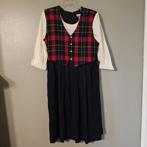 Long Sleeve Navy Dress with Red Plaid Vest